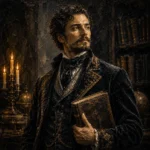 Charcoal and gold dark academia wall art print featuring a nineteenth-century scholar in a velvet coat holding an antique book for elegant interiors