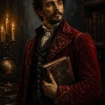 Burgundy library dark academia art prints featuring a nineteenth-century scholar in a velvet coat holding an antique book with rich classical tones