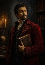 Burgundy library dark academia art prints featuring a nineteenth-century scholar in a velvet coat holding an antique book with rich classical tones
