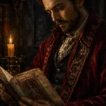 Burgundy library dark academia art prints featuring a museum archivist with an illuminated manuscript, velvet robe, and warm candlelit scholarly details