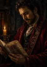 Burgundy library dark academia art prints featuring a museum archivist with an illuminated manuscript, velvet robe, and warm candlelit scholarly details