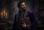 Aubergine luxe dark academia gallery wall print featuring a nineteenth-century scholar in a velvet coat holding an antique folio with violet tones