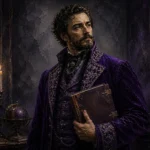 Aubergine luxe dark academia gallery wall print featuring a nineteenth-century scholar in a velvet coat holding an antique folio with violet tones