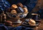 Walnut and blue breakfast room wall art featuring elegant macarons, espresso details, porcelain dessert bowl, and refined dessert-inspired composition