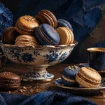 Walnut and blue breakfast room wall art featuring elegant macarons, espresso details, porcelain dessert bowl, and refined dessert-inspired composition