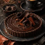 Chocolate and coral wall art for kitchen and dining room featuring a chocolate tart, espresso cup, dessert plate, and elegant culinary details