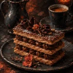 Chocolate and coral wall art for kitchen and dining room featuring layered pastries, porcelain coffee vessel, dessert garnish, and warm culinary details