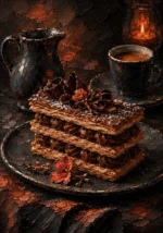 Chocolate and coral wall art for kitchen and dining room featuring layered pastries, porcelain coffee vessel, dessert garnish, and warm culinary details