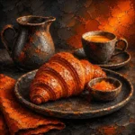 Terracotta kitchen and dining room wall art featuring a croissant, espresso vessel, ceramic plate, and warm bakery-inspired details