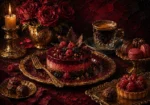 Merlot and antique gold dinner table wall art featuring dessert centerpiece, crystal coffee cup, pastries, and elegant dining details