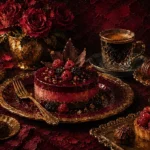 Merlot and antique gold dinner table wall art featuring dessert centerpiece, crystal coffee cup, pastries, and elegant dining details