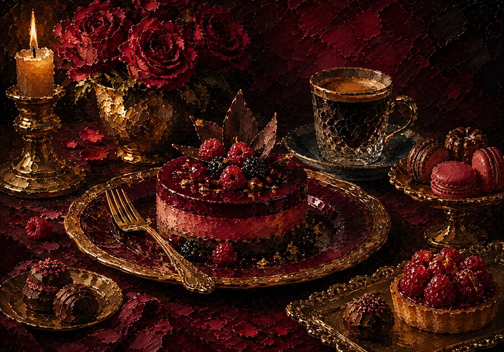 Crimson Banquet Dinner Table Wall Art Merlot & Antique Gold Art Print
