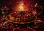 Merlot and antique gold dinner table wall art featuring sculptural tart, espresso vessel, ornate plate, and luxurious dessert centerpiece
