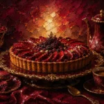Merlot and antique gold dinner table wall art featuring sculptural tart, espresso vessel, ornate plate, and luxurious dessert centerpiece