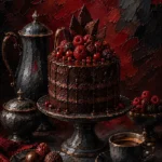 Burgundy dining table wall art print featuring a dark chocolate dessert, porcelain coffee service, and crimson berry accents for elegant interiors