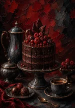 Burgundy dining table wall art print featuring a dark chocolate dessert, porcelain coffee service, and crimson berry accents for elegant interiors