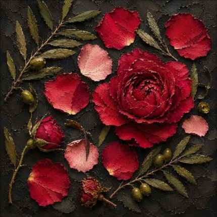 Crimson Herbarium Elegant Dining Room Wall Art Rose & Olive Contrast Art Print