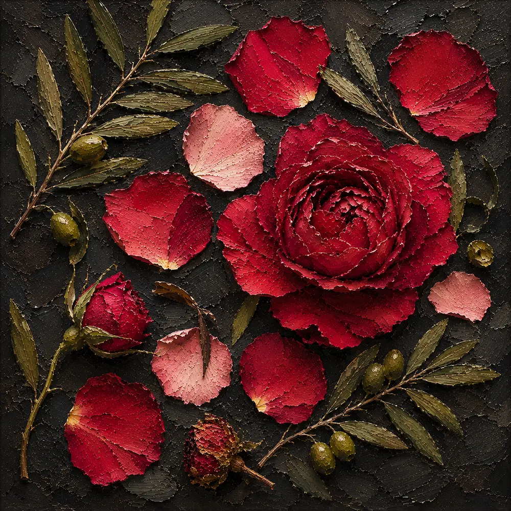 Crimson Herbarium Elegant Dining Room Wall Art Rose & Olive Contrast Art Print