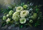 Green formal dining room artwork print featuring lush botanical blossoms and emerald foliage for elegant interiors