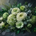 Green formal dining room artwork print featuring lush botanical blossoms and emerald foliage for elegant interiors