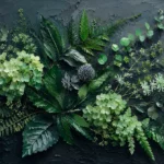 Green formal dining room artwork print featuring preserved leaves, botanical specimens, and layered foliage for elegant interiors