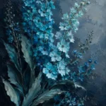 Blue wall art for dining room print featuring tall cyan flowers, curved stems, and sculptural leaves for elegant interiors