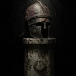 Antiquity-inspired warrior helmet on a weathered pedestal in charcoal, aged ivory, muted plum, and bronze, rendered as dramatic Gothic Wall Art