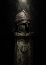 Antiquity-inspired warrior helmet on a weathered pedestal in charcoal, aged ivory, muted plum, and bronze, rendered as dramatic Gothic Wall Art