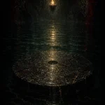 Shadowed ritual chamber with a circular stone dais, solitary flame, dark water, verdigris black tones, and antique-gold reflections in Gothic Wall Art