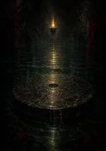 Shadowed ritual chamber with a circular stone dais, solitary flame, dark water, verdigris black tones, and antique-gold reflections in Gothic Wall Art