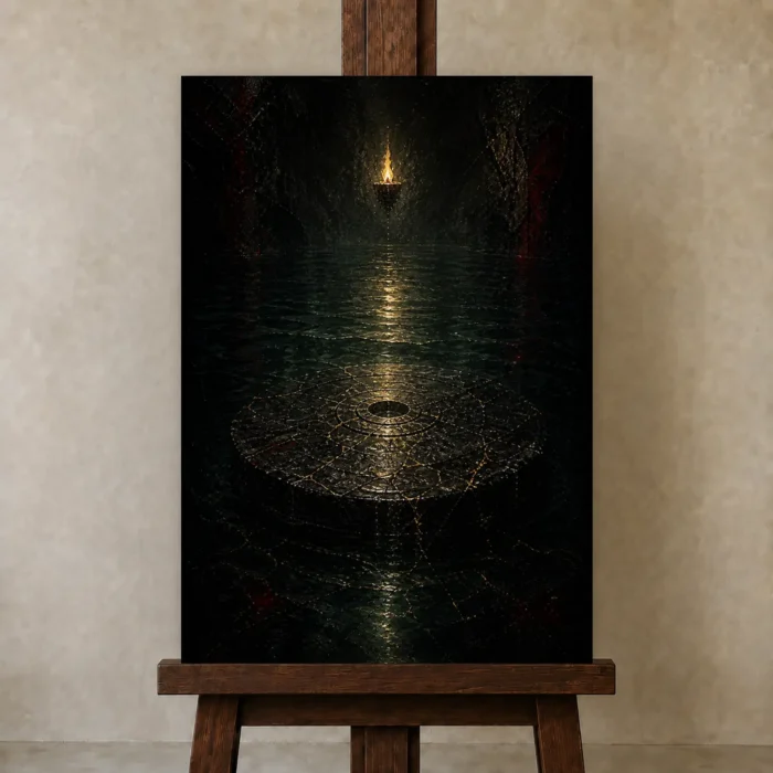 Ember Sanctum Gothic Wall Art One of One Canvas Print displayed on a studio easel