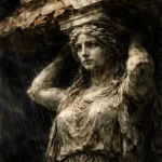Caryatid-inspired female figure supporting fractured classical stone in weathered ivory, umber, and charcoal Architecture Wall Art