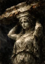 Caryatid-inspired female figure supporting fractured classical stone in weathered ivory, umber, and charcoal Architecture Wall Art