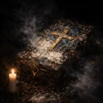 Medieval-inspired reliquary with a golden cross, candle, drifting smoke, slate-blue patina, and obsidian shadows in Gothic Wall Art