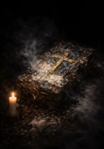 Medieval-inspired reliquary with a golden cross, candle, drifting smoke, slate-blue patina, and obsidian shadows in Gothic Wall Art