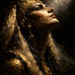 Egyptian-inspired royal woman looking toward a beam of light in antique gold, bronze, ivory, and obsidian Ethnic Wall Art