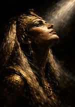 Egyptian-inspired royal woman looking toward a beam of light in antique gold, bronze, ivory, and obsidian Ethnic Wall Art