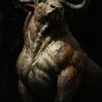 Bull-headed mythological guardian with broad horns and muscular form in weathered ivory, sienna, bronze, teal, and black Animal Wall Art