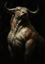 Bull-headed mythological guardian with broad horns and muscular form in weathered ivory, sienna, bronze, teal, and black Animal Wall Art