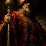 Ottoman-inspired dignitary holding an ornate staff in oxblood red, antique gold, ivory, emerald, and black Ethnic Wall Art