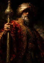Ottoman-inspired dignitary holding an ornate staff in oxblood red, antique gold, ivory, emerald, and black Ethnic Wall Art
