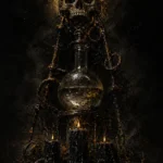 Skull above an alchemical glass vessel and black candles in obsidian, tarnished gold, bone ivory, and amber Gothic Wall Art