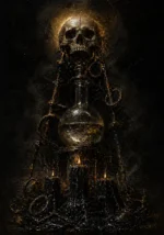 Skull above an alchemical glass vessel and black candles in obsidian, tarnished gold, bone ivory, and amber Gothic Wall Art