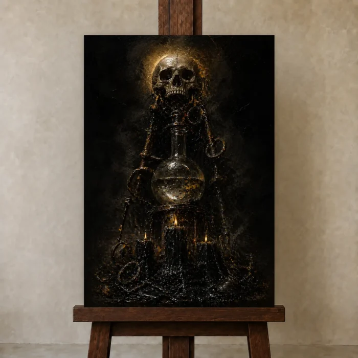 Alchemist’s Vigil Gothic Wall Art One of One Canvas Print displayed on a studio easel