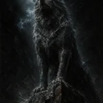 Solitary wolf standing on a jagged rock beneath cold light in obsidian, blue-gray, silver, and umber Animal Wall Art
