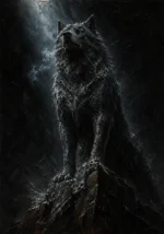 Solitary wolf standing on a jagged rock beneath cold light in obsidian, blue-gray, silver, and umber Animal Wall Art