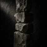 Stacked megalithic stone forms in basalt gray, weathered silver, muted bronze, and obsidian Architecture Wall Art
