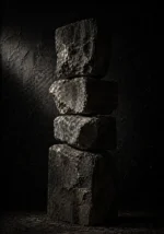 Stacked megalithic stone forms in basalt gray, weathered silver, muted bronze, and obsidian Architecture Wall Art