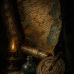 Aged celestial map with brass astrolabe, glowing oil lamp, and blue glass vessel in antique gold, teal, parchment, and black Celestial Wall Art