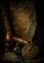 Aged celestial map with brass astrolabe, glowing oil lamp, and blue glass vessel in antique gold, teal, parchment, and black Celestial Wall Art